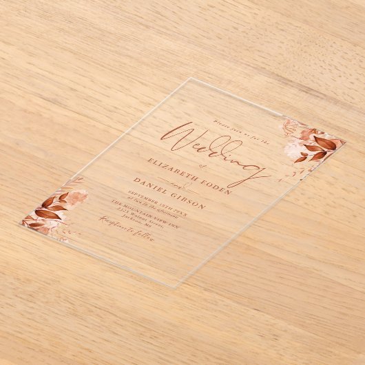 Rustic Autumn Fall Floral Script Wedding アクリル招待状 (レイダウン)