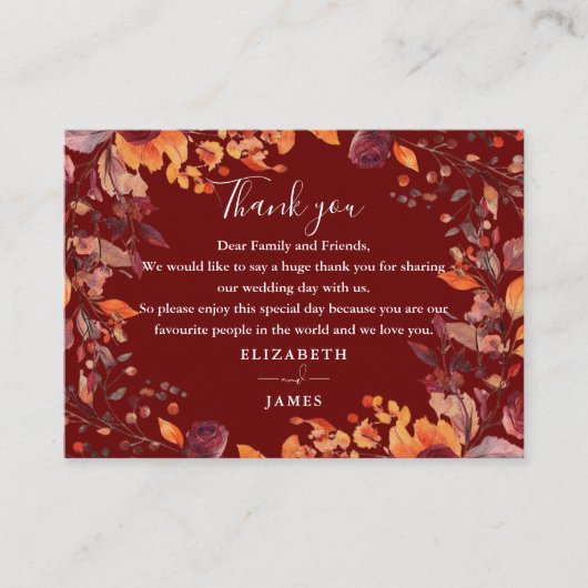 Rustic Autumn Fall Floral Wedding Thank You プレイスカード (正面)