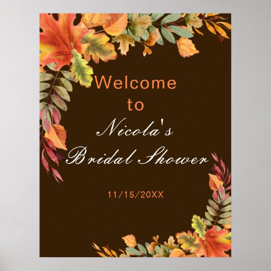 Rustic Autumn Fall Leaves Bridal Shower Welcome ポスター (正面)