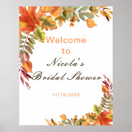 Rustic Autumn Fall Leaves Bridal Shower Welcome ポスター