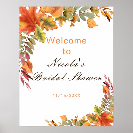 Rustic Autumn Fall Leaves Bridal Shower Welcome ポスター (正面)