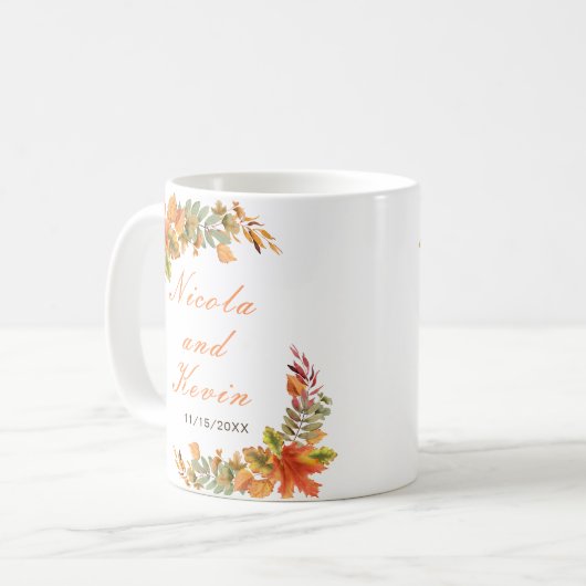 Rustic Autumn Fall Leaves Wedding コーヒーマグカップ (正面左)