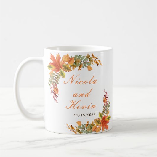 Rustic Autumn Fall Leaves Wedding コーヒーマグカップ (左)