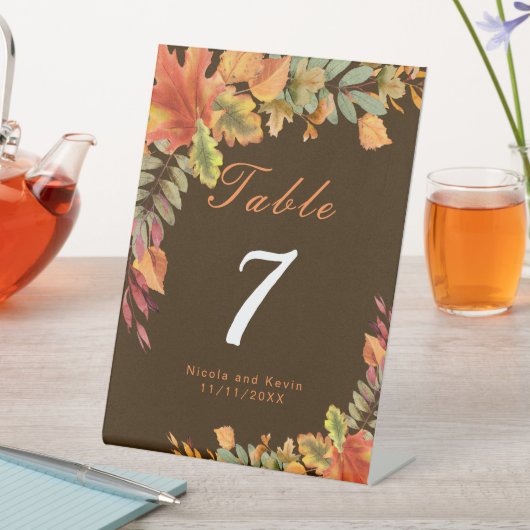 Rustic Autumn Fall Leaves Wedding Table Number 台座サイン (インサイチュ)