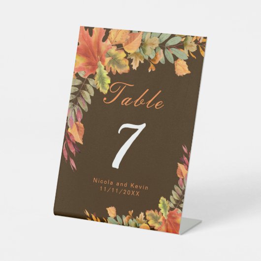Rustic Autumn Fall Leaves Wedding Table Number 台座サイン (正面)