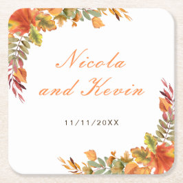 Rustic Autumn Fall Leaves Wedding Thank You スクエアペーパーコースター