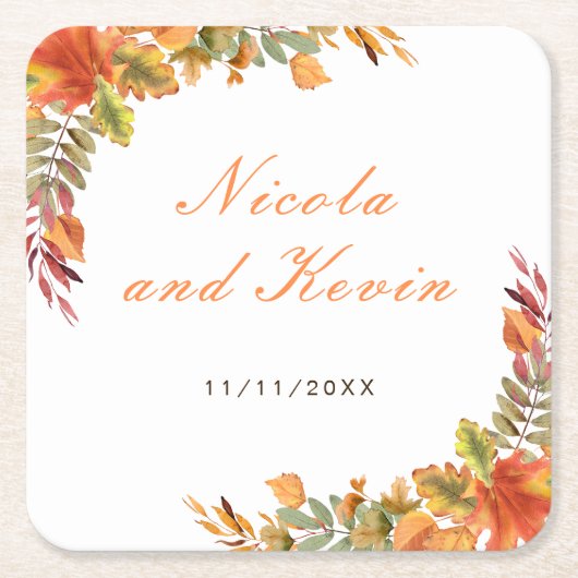 Rustic Autumn Fall Leaves Wedding Thank You スクエアペーパーコースター (正面)