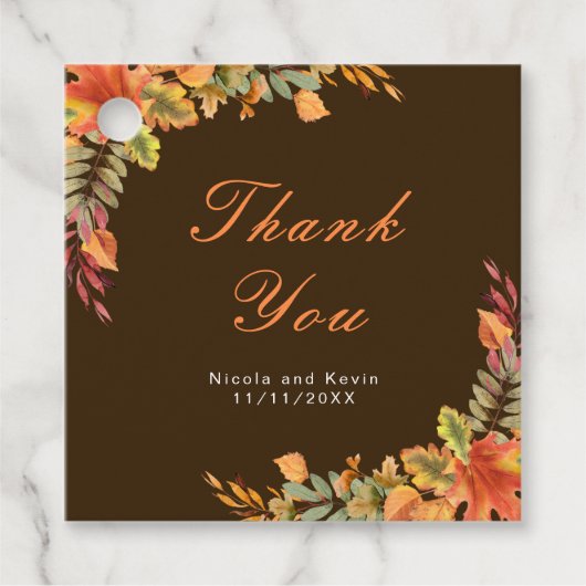 Rustic Autumn Fall Leaves Wedding Thank You フェイバータグ (正面)
