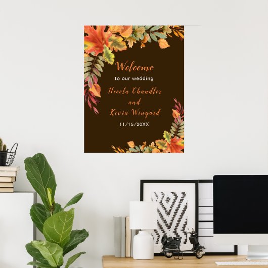 Rustic Autumn Fall Leaves Wedding Welcome ポスター (ホームオフィス)