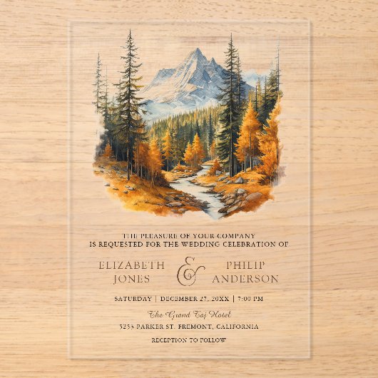 Rustic Autumn Fall Mountain Forest Wedding アクリル招待状 (正面)