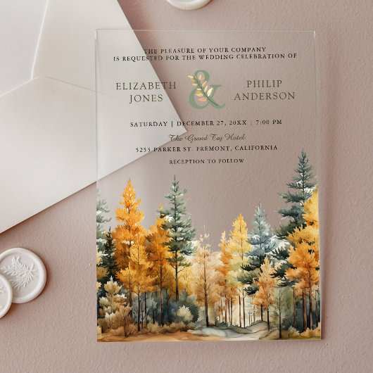 Rustic Autumn Fall Pine Trees Wedding アクリル招待状