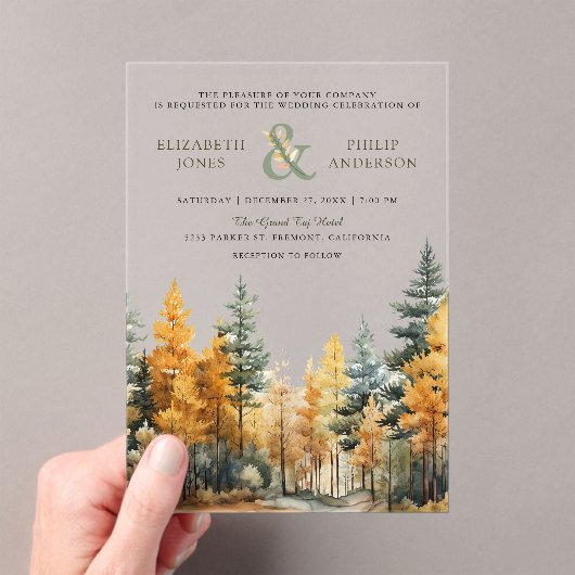 Rustic Autumn Fall Pine Trees Wedding アクリル招待状 (インサイチュ (ポータブル))