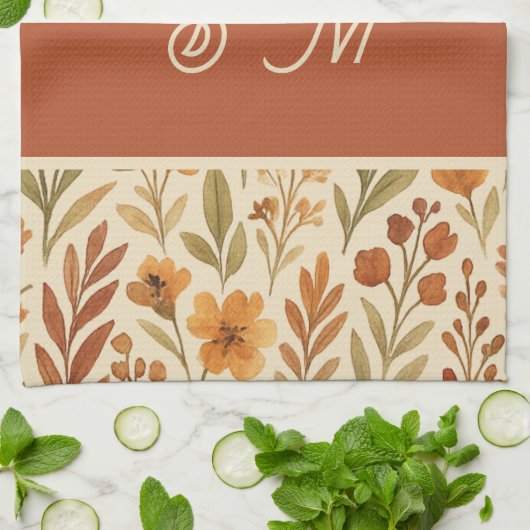 Rustic Autumn fall vibes & Floral Monogram キッチンタオル (折り畳み)