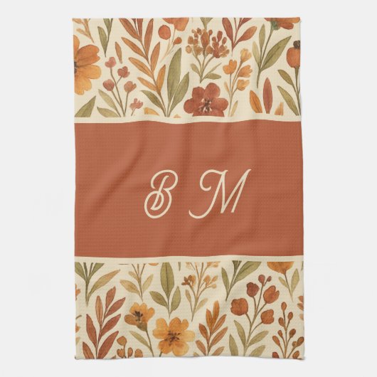 Rustic Autumn fall vibes & Floral Monogram キッチンタオル (縦)