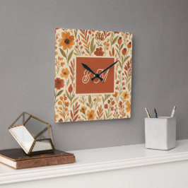 Rustic Autumn fall vibes & Floral Monogram スクエア壁時計