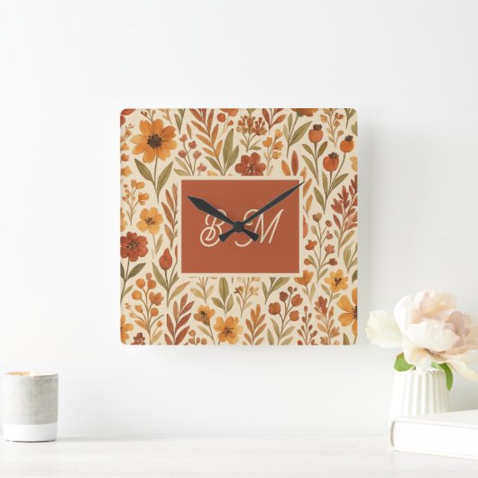 Rustic Autumn fall vibes & Floral Monogram スクエア壁時計 (ホーム)