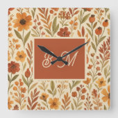Rustic Autumn fall vibes & Floral Monogram スクエア壁時計 (正面)