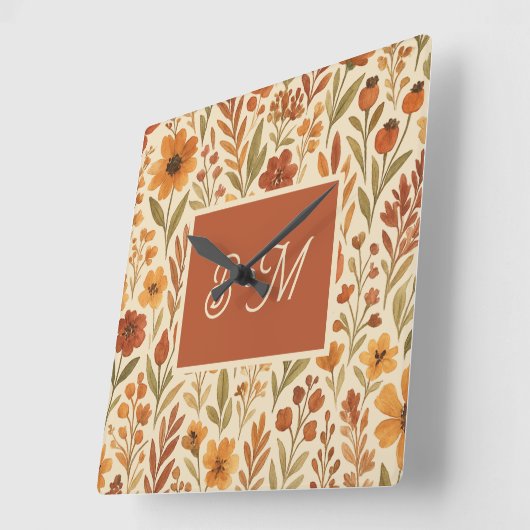 Rustic Autumn fall vibes & Floral Monogram スクエア壁時計 (傾斜)
