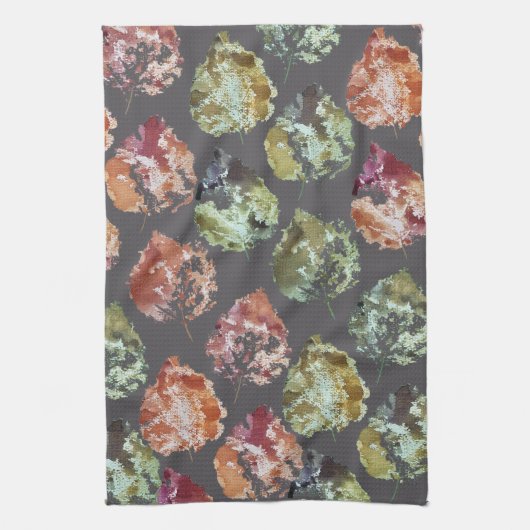 Rustic Autumn Falling Leaves Watercolor Art キッチンタオル (縦)