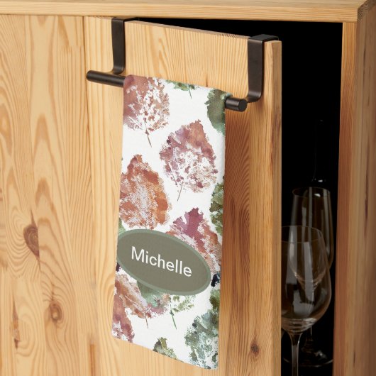 Rustic Autumn Falling Leaves Watercolor Art キッチンタオル (三つ折り)