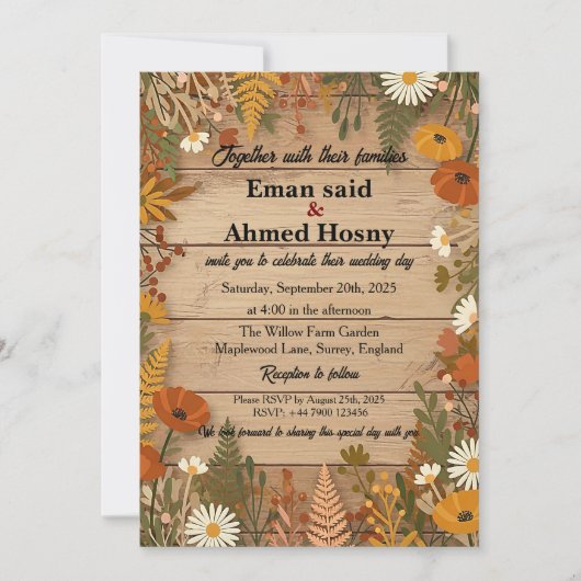 Rustic Autumn Floral Wood Wedding Invitation | Fal 招待状 (正面)