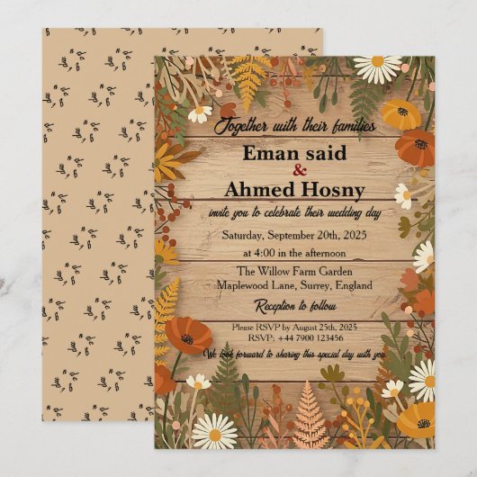 Rustic Autumn Floral Wood Wedding Invitation | Fal 招待状 (正面/裏面)