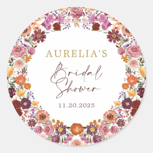 Rustic Autumn Floral Wreath Bridal Shower ラウンドシール (正面)