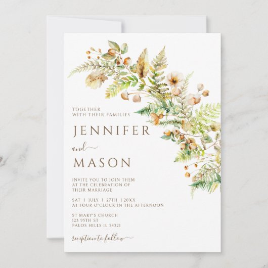 Rustic Autumn Flowers Forest Leaves Fall Wedding 招待状 (正面)