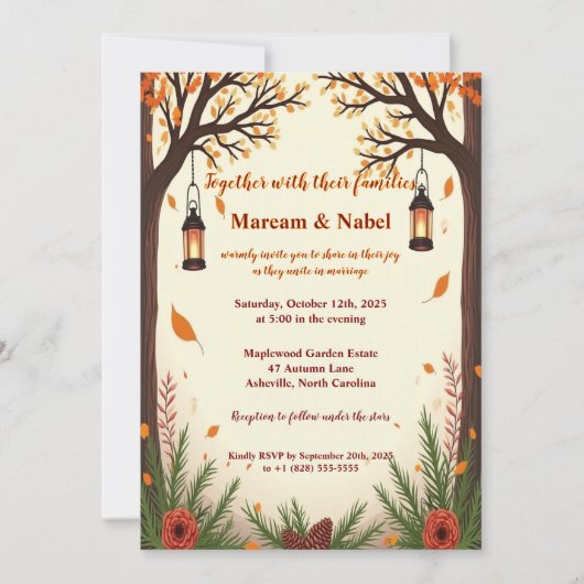 Rustic Autumn Forest Lanterns Wedding Invitation | 招待状 (正面)