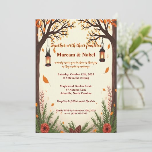 Rustic Autumn Forest Lanterns Wedding Invitation | 招待状 (スタンド正面)