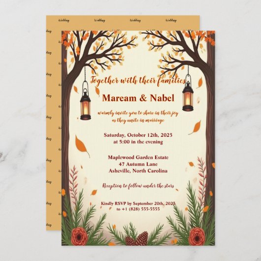 Rustic Autumn Forest Lanterns Wedding Invitation | 招待状 (正面/裏面)