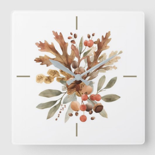 Rustic Autumn Harvest Botanical Wall Clock スクエア壁時計 (正面)