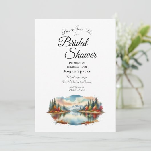 Rustic Autumn Lakeside Forest Bridal Shower 招待状 (スタンド正面)