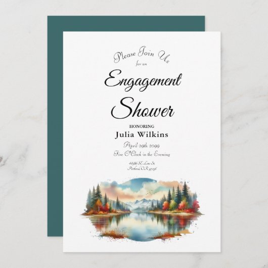 Rustic Autumn Lakeside Forest Engagement Shower 招待状 (正面/裏面)