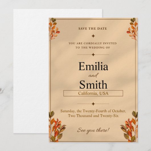 Rustic Autumn Leaves Save the Date Card 5x7  招待状 (正面/裏面)