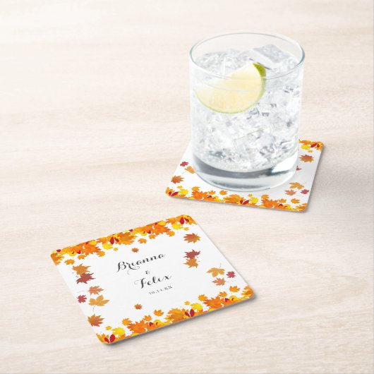 Rustic Autumn Leaves Wedding スクエアペーパーコースター (インサイチュ)