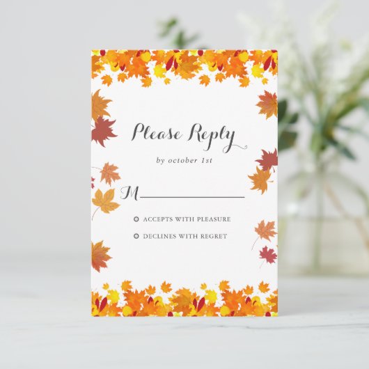 Rustic Autumn Leaves Wedding RSVP Card (スタンド正面)
