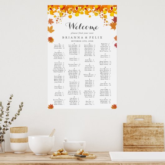Rustic Autumn Leaves Wedding Seating Chart ポスター (キッチン)