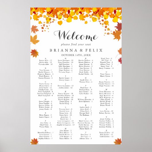 Rustic Autumn Leaves Wedding Seating Chart ポスター (正面)