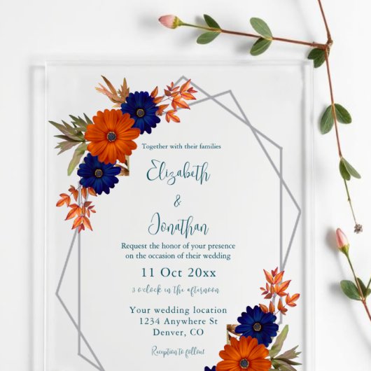 Rustic Autumn Orange Navy Blue Floral Wedding アクリル招待状
