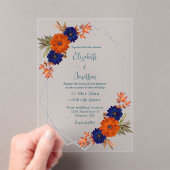 Rustic Autumn Orange Navy Blue Floral Wedding アクリル招待状 (インサイチュ (ポータブル))