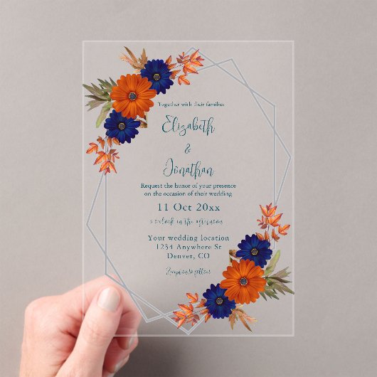 Rustic Autumn Orange Navy Blue Floral Wedding アクリル招待状 (インサイチュ (ポータブル))