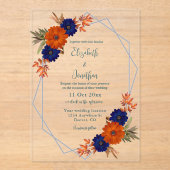 Rustic Autumn Orange Navy Blue Floral Wedding アクリル招待状 (正面)