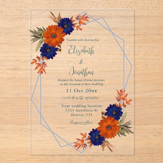 Rustic Autumn Orange Navy Blue Floral Wedding アクリル招待状 (正面)