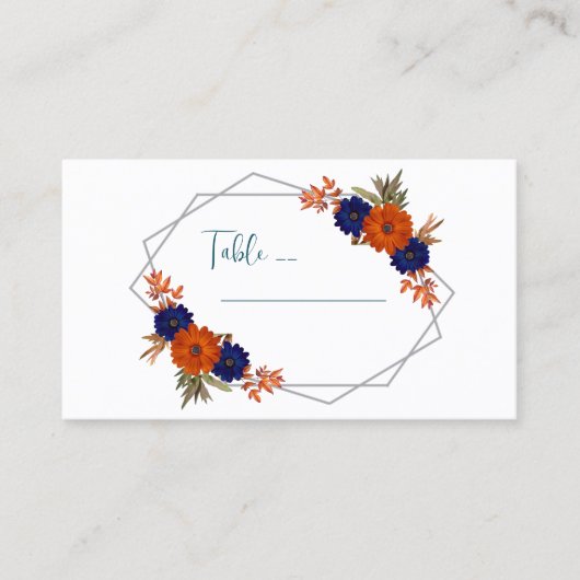 Rustic Autumn Orange Navy Blue Floral Wedding プレイスカード (正面)