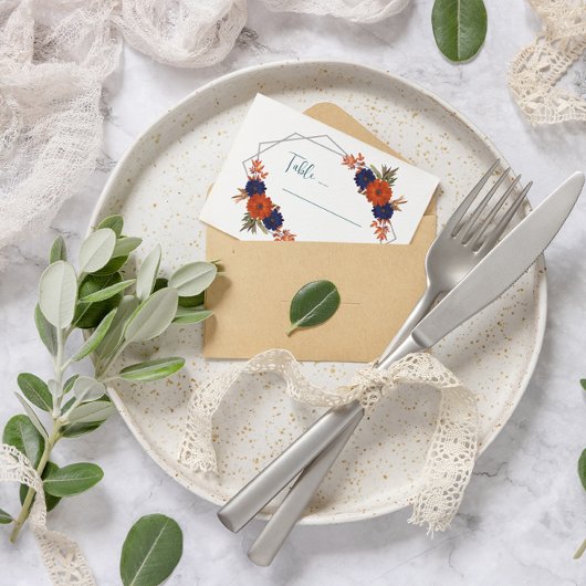 Rustic Autumn Orange Navy Blue Floral Wedding プレイスカード