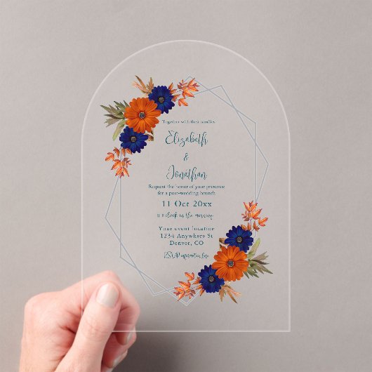 Rustic Autumn Orange Navy Blue Post-Wedding Brunch アクリル招待状 (インサイチュ (ポータブル))