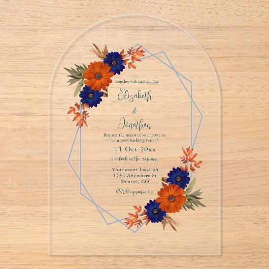 Rustic Autumn Orange Navy Blue Post-Wedding Brunch アクリル招待状 (正面)