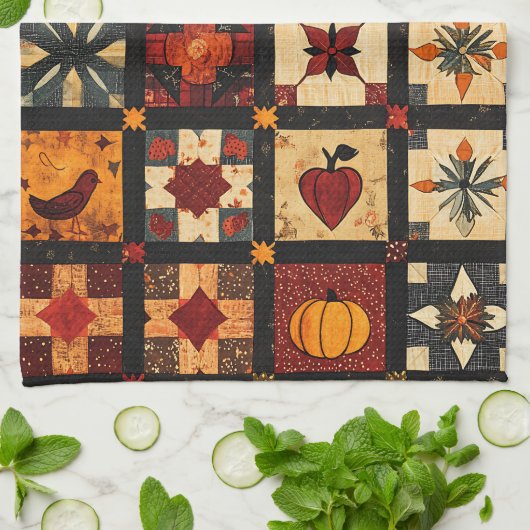 Rustic Autumn Patchwork Quilt Pattern | Farmhouse キッチンタオル (折り畳み)