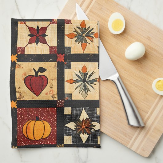 Rustic Autumn Patchwork Quilt Pattern | Farmhouse キッチンタオル (四つ折り)